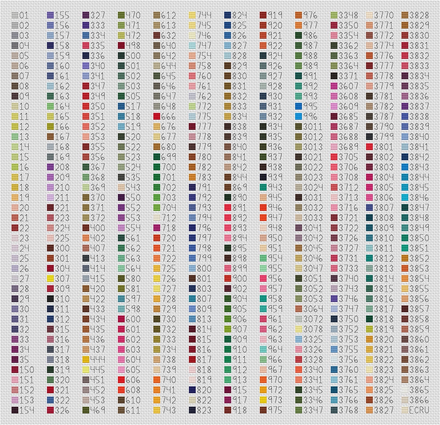 PRE-ORDER: Stitched Chart of 480 DMC Embroidery Floss Colors Cross-stitch, DIY Kit