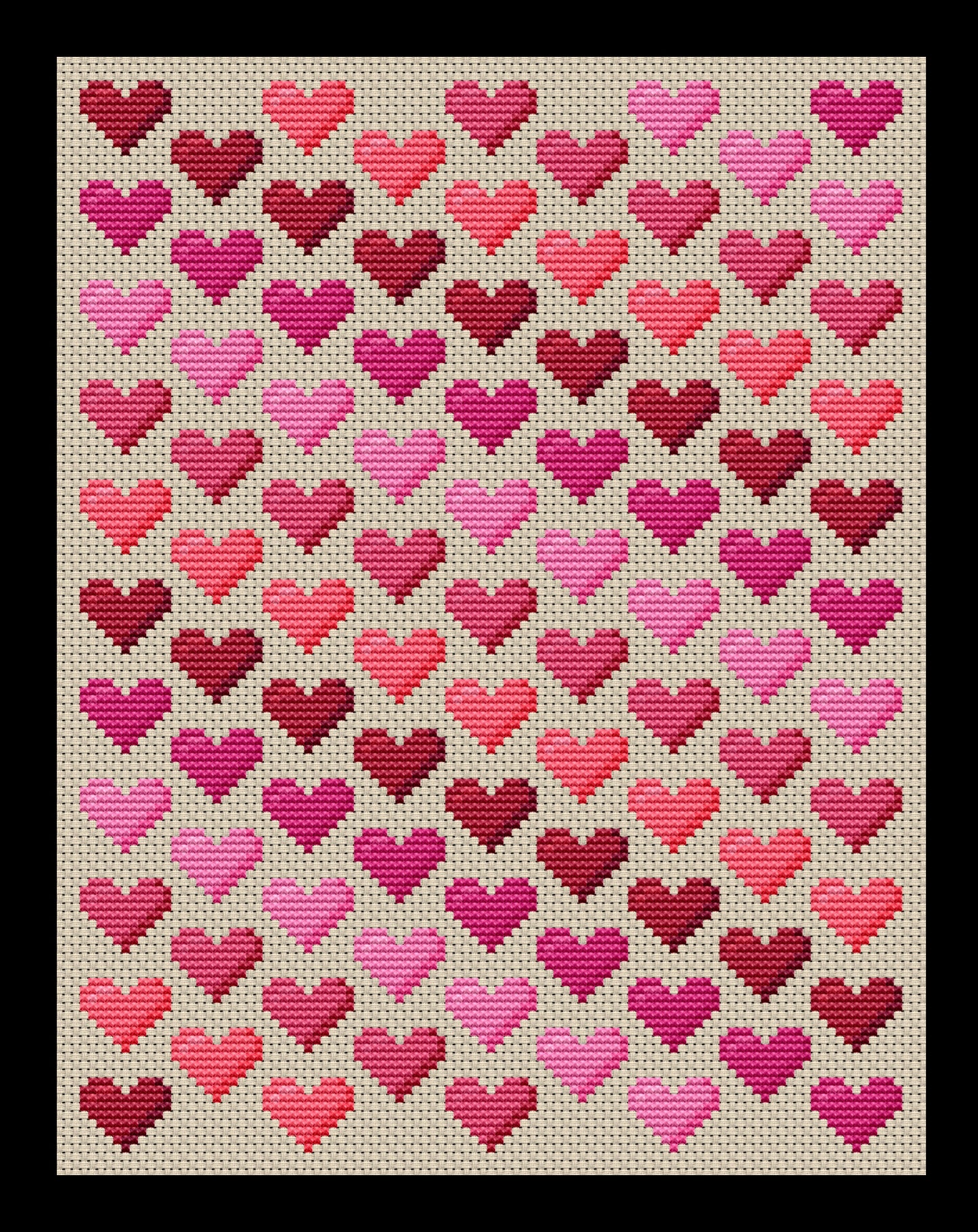 Valentine Shades of Pink Hearts Cross-stitch, Made-to-Order