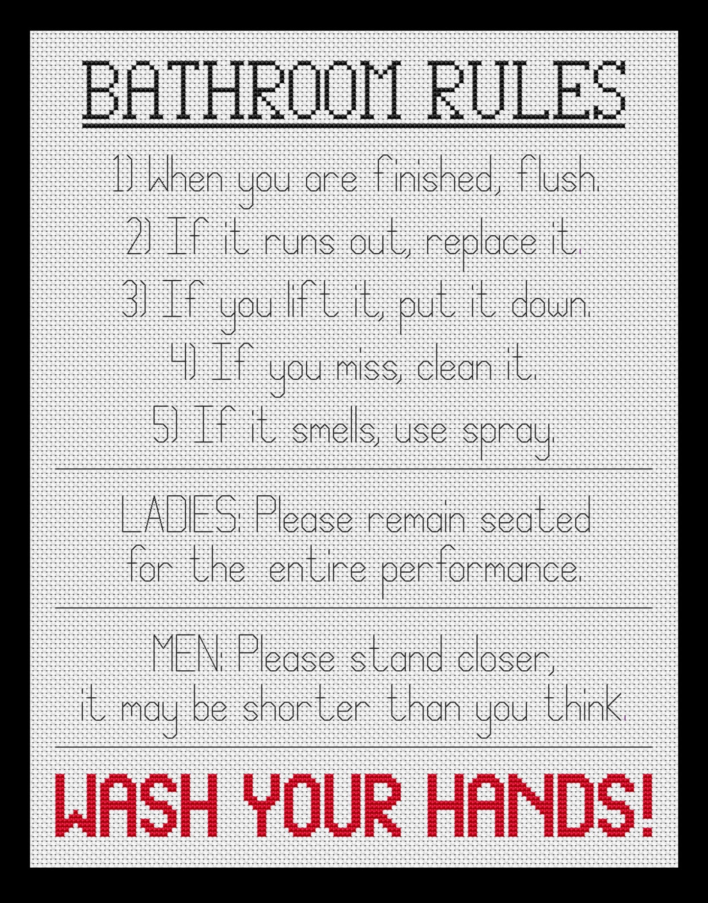 Bathroom Rules Cross-stitch, Made-To-Order