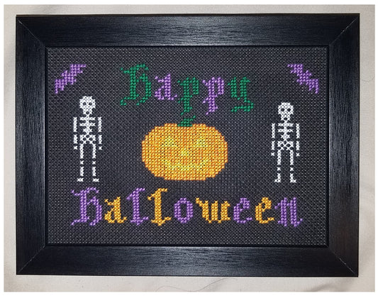 Happy Halloween Skeletons (Glow-In-The-Dark) Cross-stitch, Made-To-Order