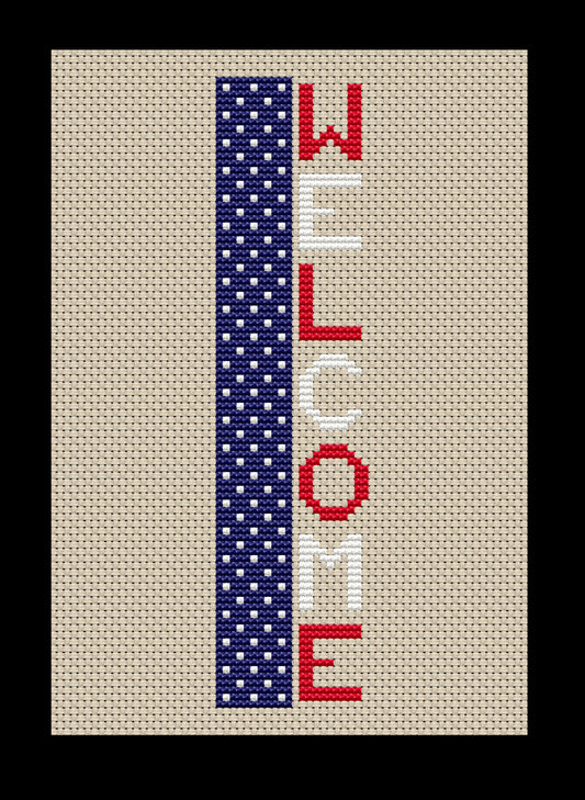 July 4th Welcome (Vertical) Sign Cross-stitch, Made-To-Order