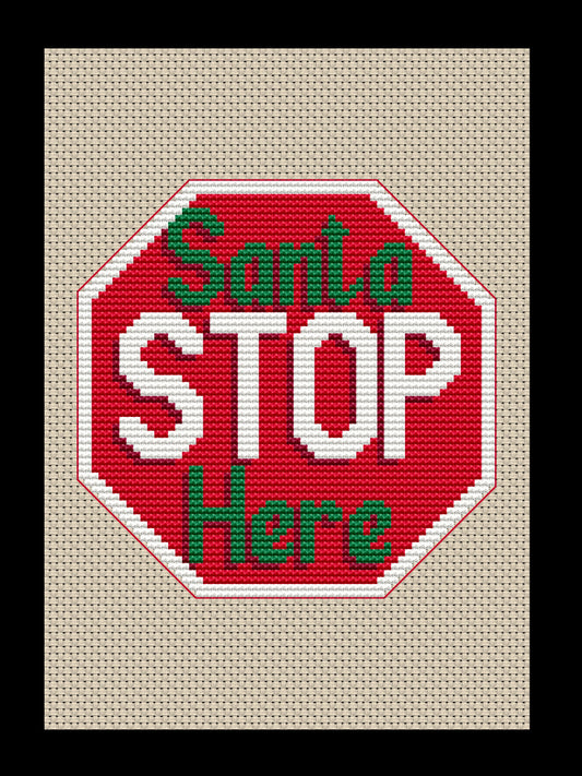 Christmas "Santa Stop Here" Sign Cross-stitch, Made-To-Order