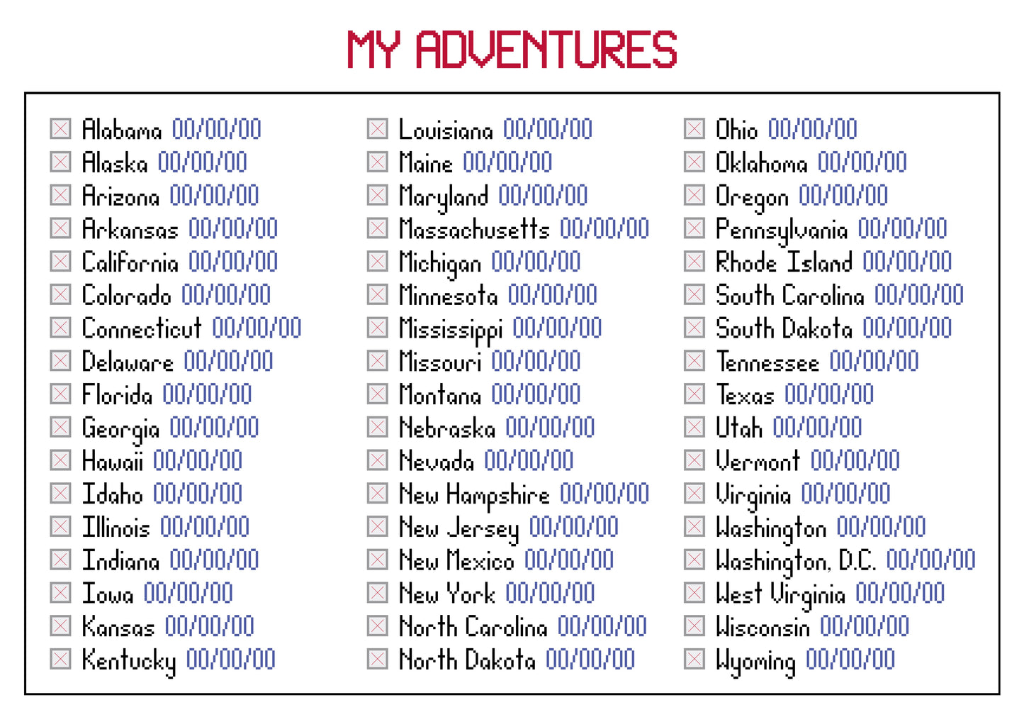 States Visited Checklist Cross-stitch, Made-To-Order
