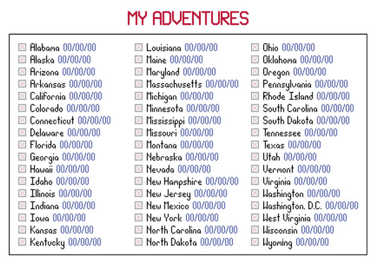States Visited Checklist Cross-stitch, Made-To-Order
