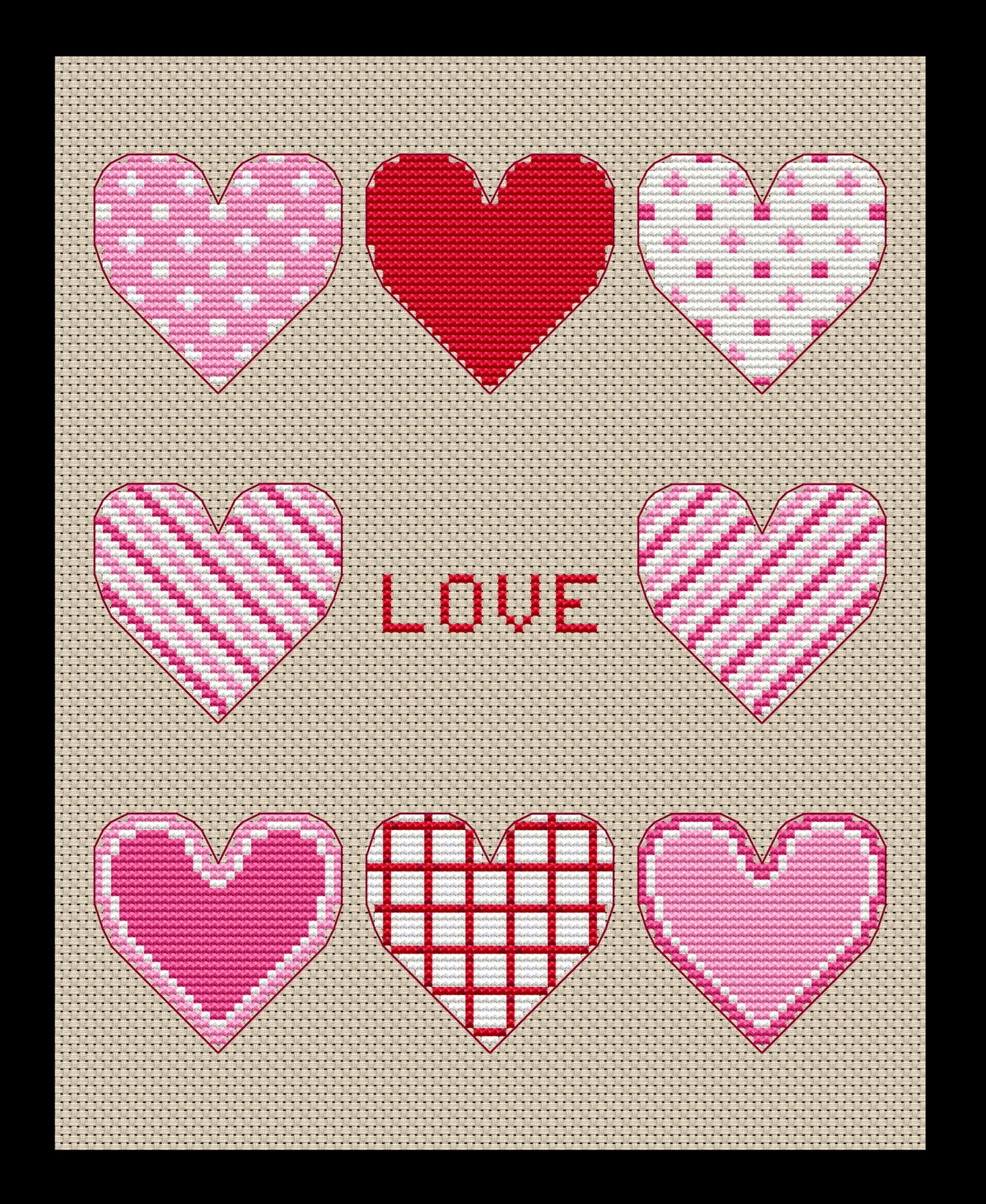 Valentine Large Hearts Cross-stitch, Made-to-Order