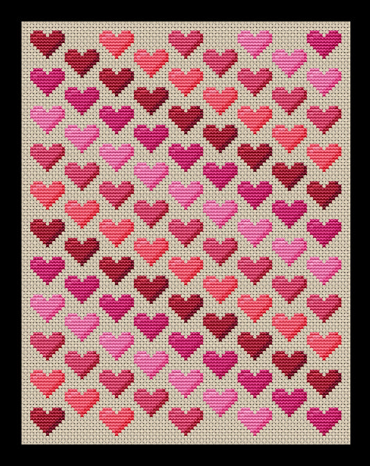 Valentine Shades of Pink Hearts Cross-stitch, DIY Kit
