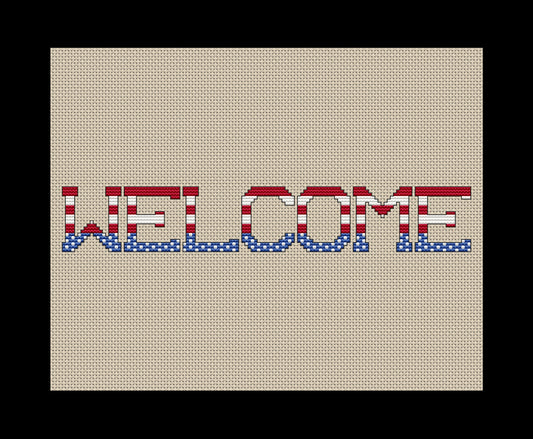 July 4th Welcome (Horizontal) Sign Cross-stitch, Made-To-Order
